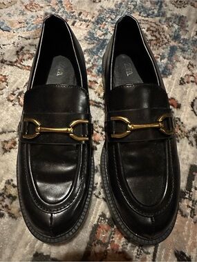 Zara Black Leather Loafers with Gold Horsebit Accent Size 39